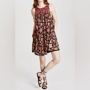 Free People Oh Baby Smocked Pink Floral Open Back Dress Pockets Oversized XS